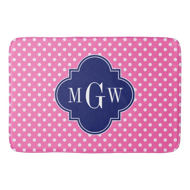 Hot Pink WhPolka Dots Navy Quarzfolie 3 Monogramm Badematte (Vorderseite)