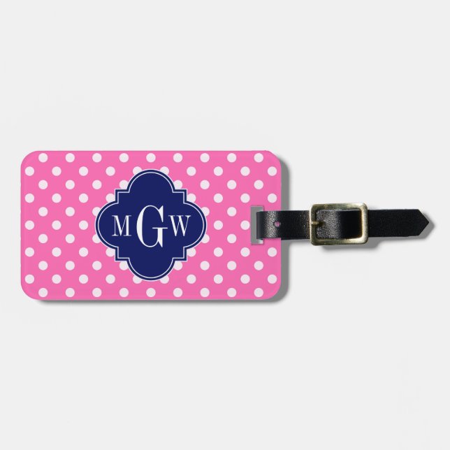 Hot Pink WhPolka Dots Navy Quarzfolie 3 Monogramm Gepäckanhänger (Vorderseite horizontal)