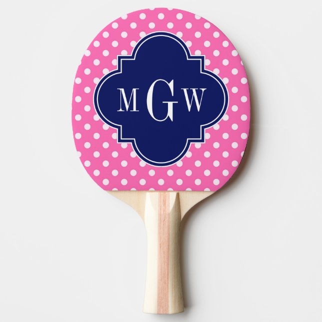 Hot Pink WhPolka Dots Navy Quarzfolie 3 Monogramm Tischtennis Schläger (Vorderseite)