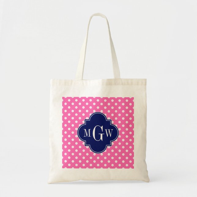 Hot Pink WhPolka Dots Navy Quarzfolie 3 Monogramm Tragetasche (Vorne)