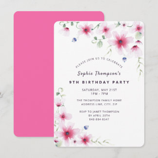 Hot Pink Wildblumen Simple Giro Geburtstagsparty Einladung