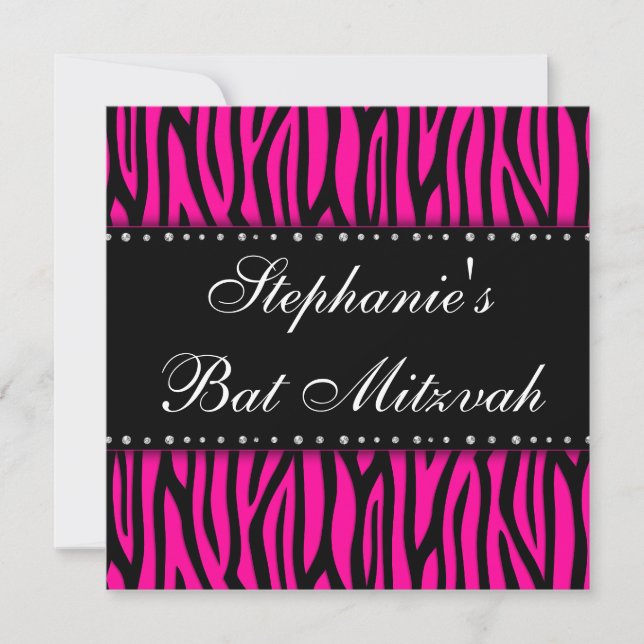 Hot Pink Zebra Diamonds Bat Mitzvah Einladung (Vorderseite)