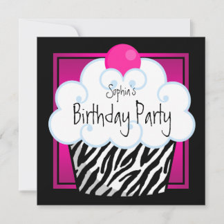 Hot Pink Zebra Girls Cupcake Geburtstagsparty Einladung