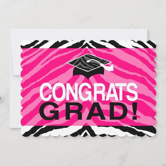 Hot Pink Zebra Glückwunschs Girl's Graduation Part Einladung (Vorderseite)