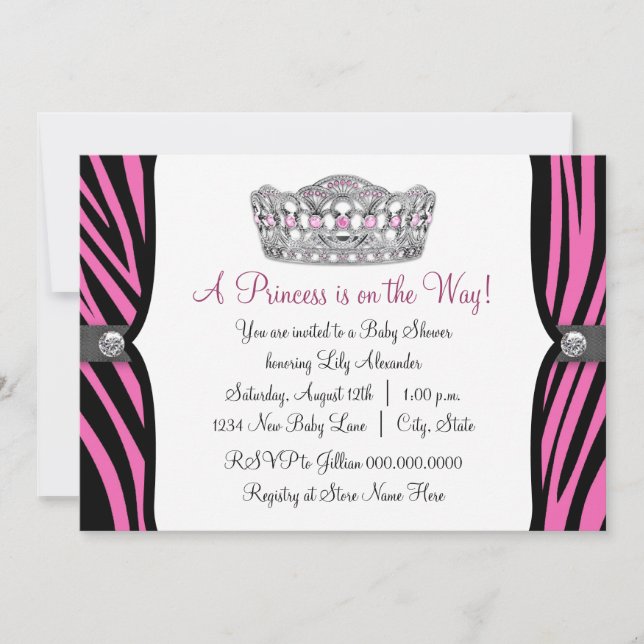 Hot Pink Zebra Princess Pink Black Baby Dusche Einladung (Vorderseite)