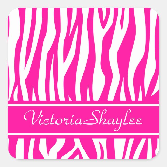 Hot Pink Zebra Print mit benutzerdefiniertem Text Quadratischer Aufkleber (Vorderseite)