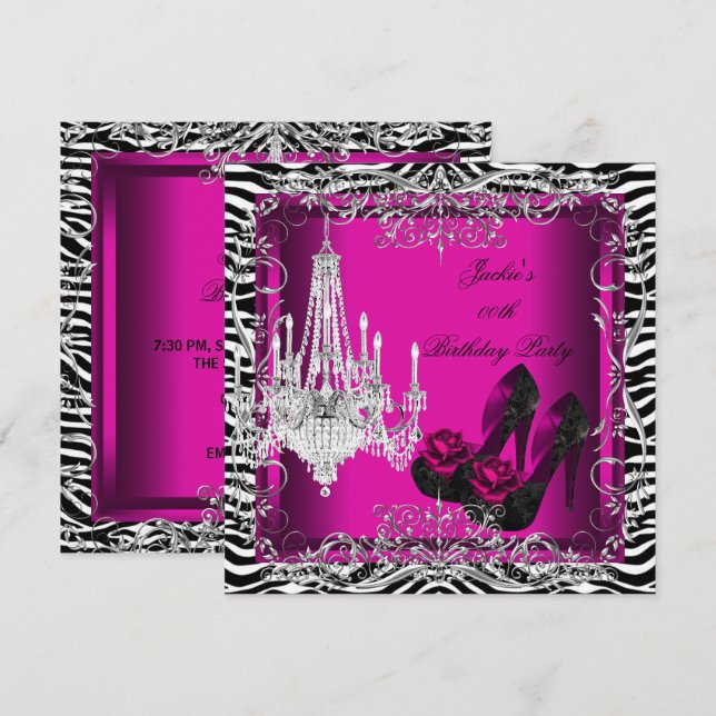 Hot Pink Zebra Print Party Birthday Shoes Einladung (Vorne/Hinten)