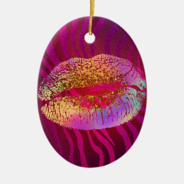 Hot Pink Zebra Rainbow Gold Glitzer Lippen Custom Keramik Ornament (Vorne)