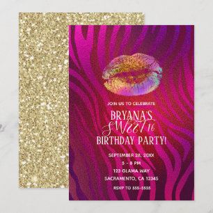 Hot Pink Zebra Rainbow Gold Glitzer Lippen Party Einladung