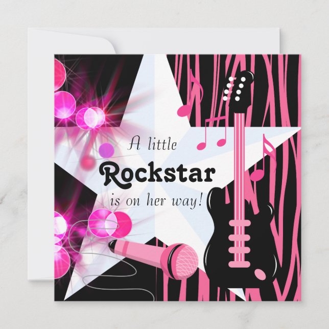 Hot Pink Zebra Rockstar Baby Girl Dusche Einladung (Vorderseite)