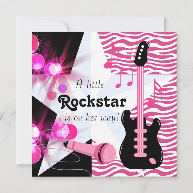 Hot Pink Zebra Rockstar Baby Girl Dusche Einladung (Vorderseite)