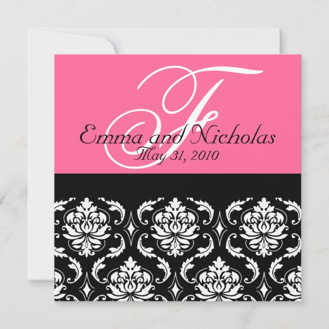 Hot PinkWedding Einladung Monogram Damask Back #4 (Vorderseite)