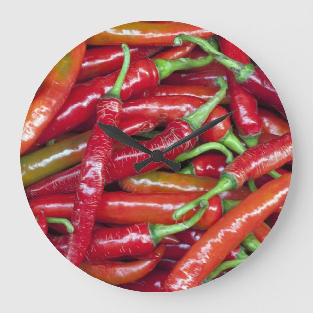 Hot Red Peppers Kitchen Clock Große Wanduhr (Vorderseite)
