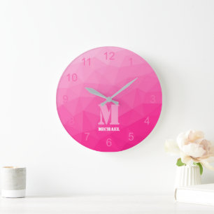 Hot rosa Gradient Geometrie Mesh Muster Monogramm Große Wanduhr