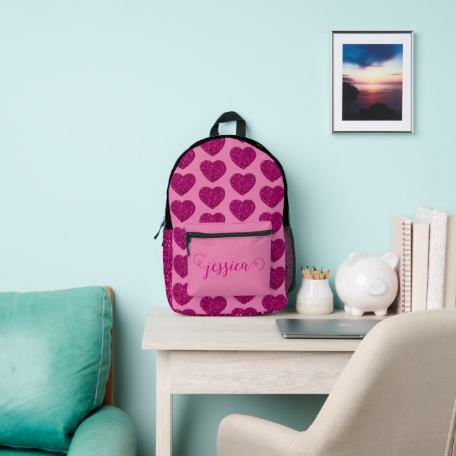 Hot rosa Herz Glitzer Funkelmuster Individuelle Na Bedruckter Rucksack (InSitu)