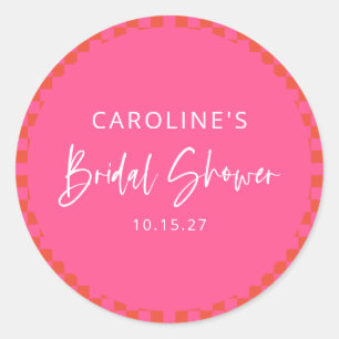 Hot Rosa Orange Retro Checkerboard-Brautparty Runder Aufkleber