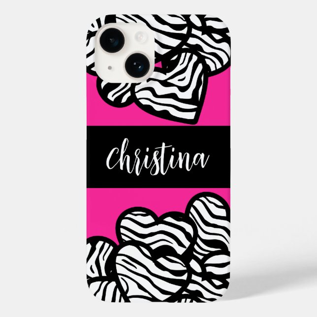 Hot rosa Schwarz-Weiß-Zebra-Muster Herzname Case-Mate iPhone 14 Hülle (Rückseite)
