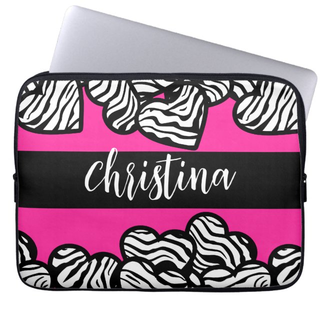 Hot rosa Schwarz-Weiß-Zebra-Muster Herzname Laptopschutzhülle (Vorderseite)