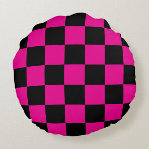 Hot Rosa und Black Checked Rundes Kissen