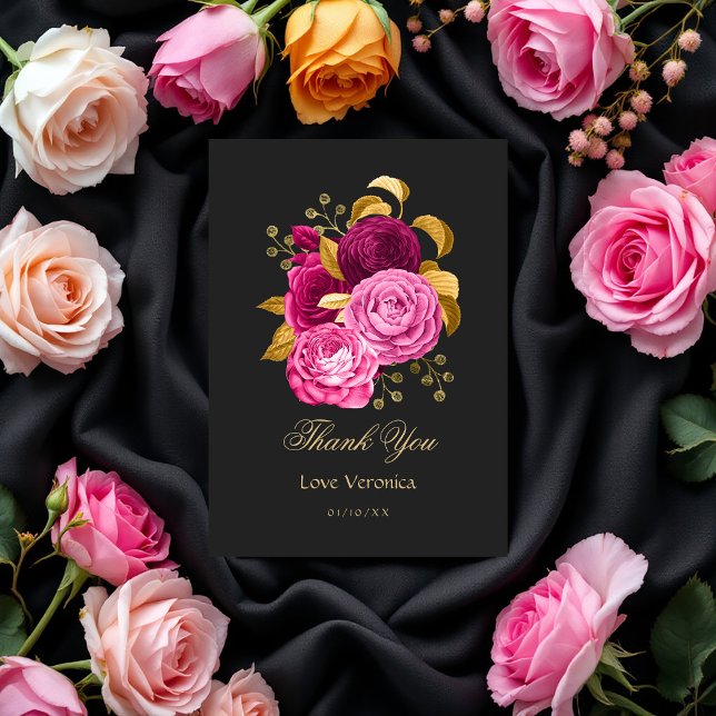 Hot Rosa und Gold Floral Dankeskarte (Hot Pink and Gold Floral Thank You Card)