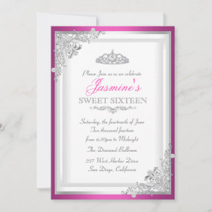 Hot rose Argent Damask & Tiara Sweet 16 Invitation