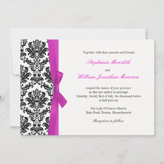 Hot rose Bow avec Mariage damassé Invitation (Devant)