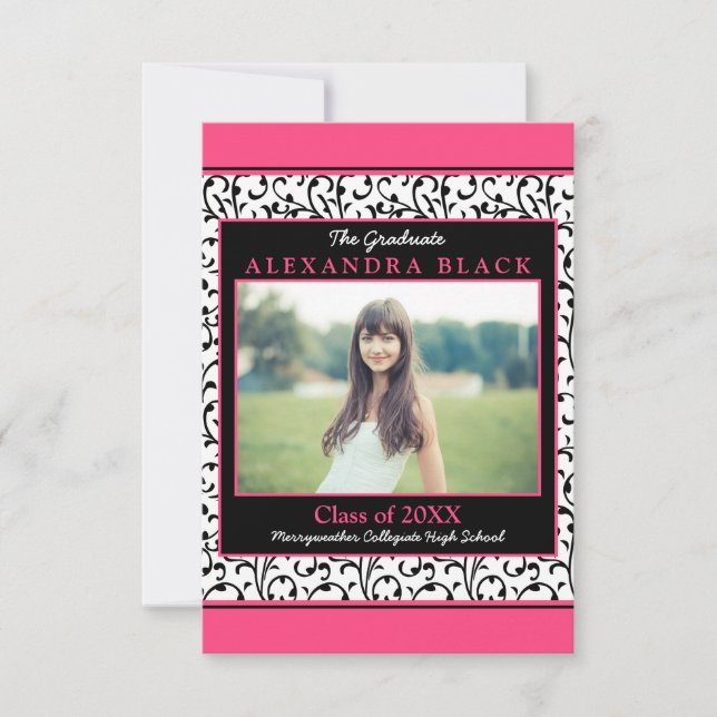 Hot rose Damask Floral Photo Graduation Invitation (Devant)