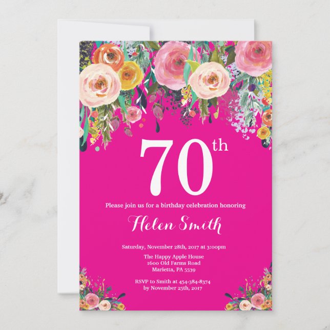 Hot rose Floral 70e anniversaire Invitation (Devant)