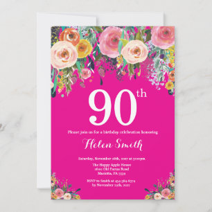 Hot rose Floral 90e anniversaire Invitation