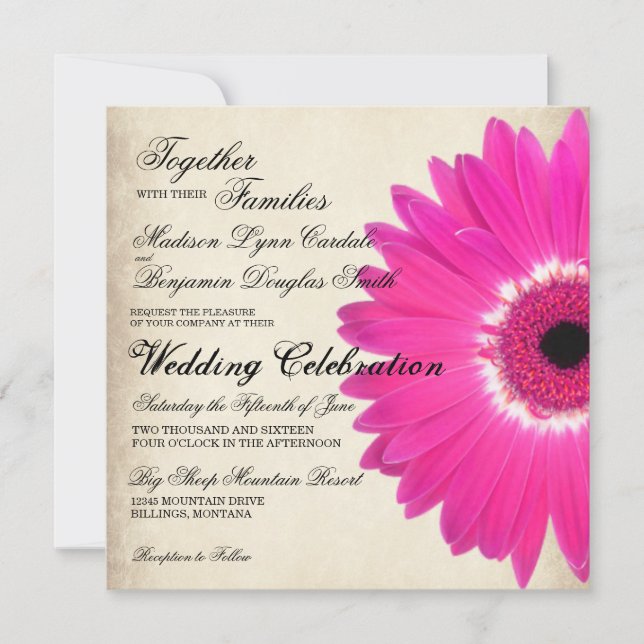 Hot rose Gerber Daisy Rustic Wedding Invitations (Devant)