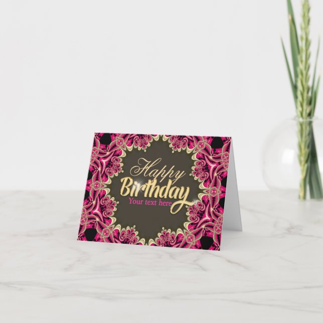 Hot Rose + Gold Fractal Lace Star Carte Anniversai (Devant)