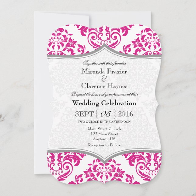 Hot rose gris Damask Mariage de crochet Invitation (Devant)