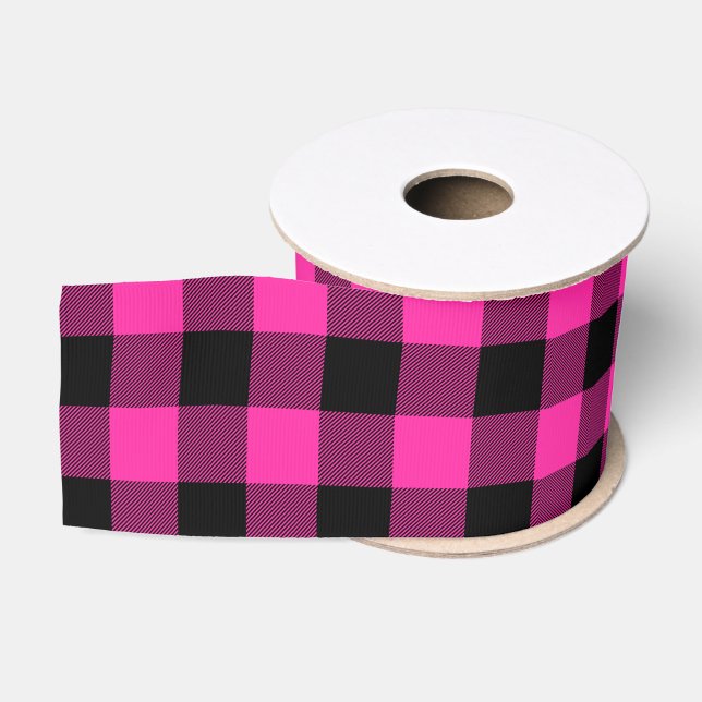 Hot Rose Rosa und Black Buffalo Kariert Ripsband (Spule)