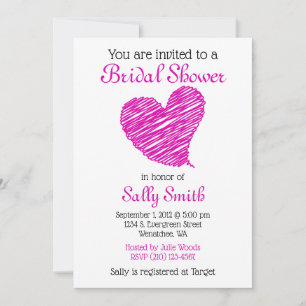 Hot rose Sketchy Heart Bridal Shower Invitation