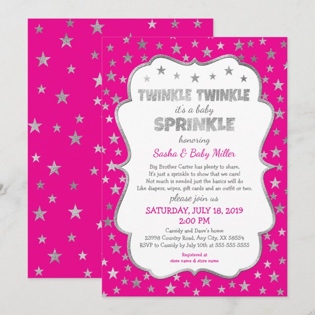 Hot rose Twinkle Twinkle Baby Sprinkle invitations (Devant / Derrière)