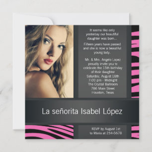 Hot rose Zebra Photo Quinceanera Invitations