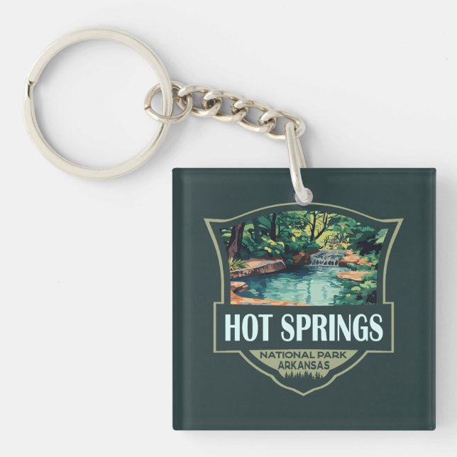 Hot Springs Nationalpark Illustration Retro Abzeic Schlüsselanhänger (Vorderseite)
