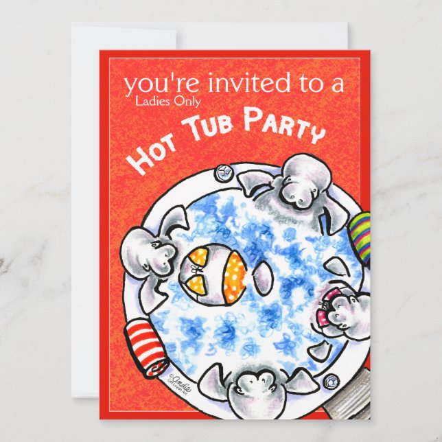 Hot Tub Party Funny Manatees Off-Leash Art™ Red Einladung (Vorderseite)