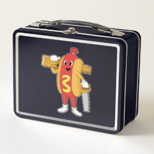 Hotdog als Carpenter mit Säge und Holz Metall Brotdose