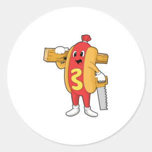 Hotdog als Carpenter mit Säge und Holz Runder Aufkleber