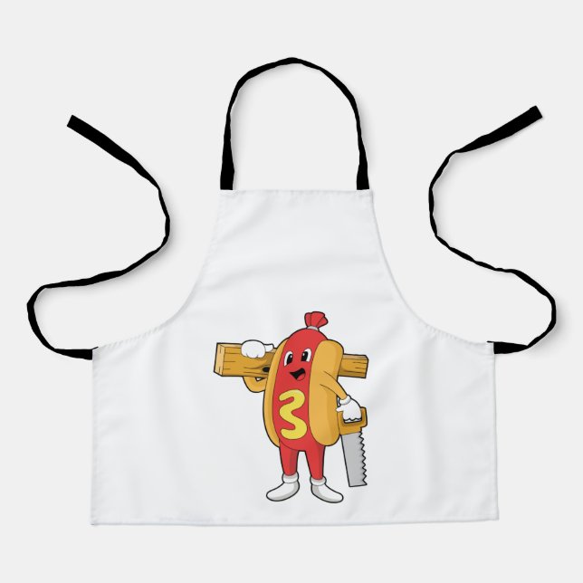 Hotdog als Carpenter mit Säge und Holz Schürze (Vorderseite)