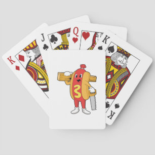 Hotdog als Carpenter mit Säge und Holz Spielkarten