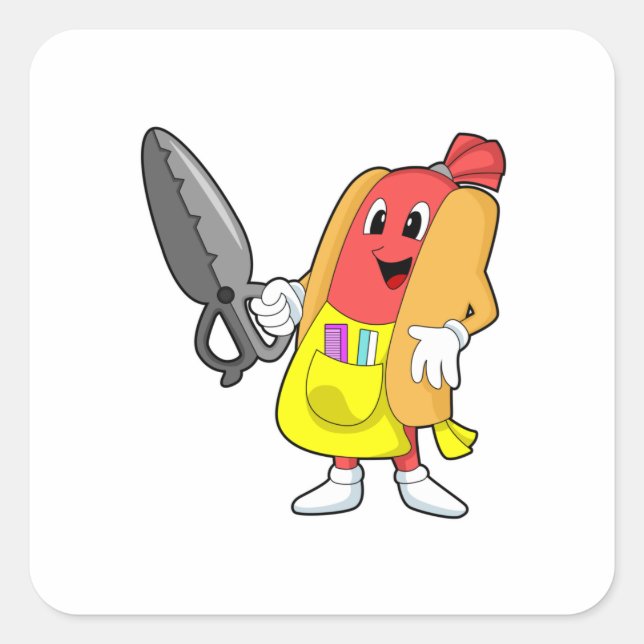 Hotdog als Friseur mit Schere Quadratischer Aufkleber (Vorderseite)
