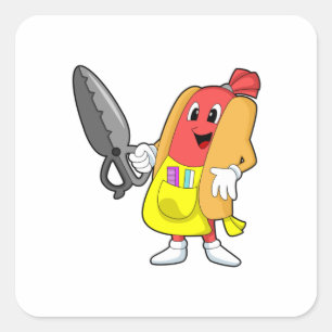 Hotdog als Friseur mit Schere Quadratischer Aufkleber