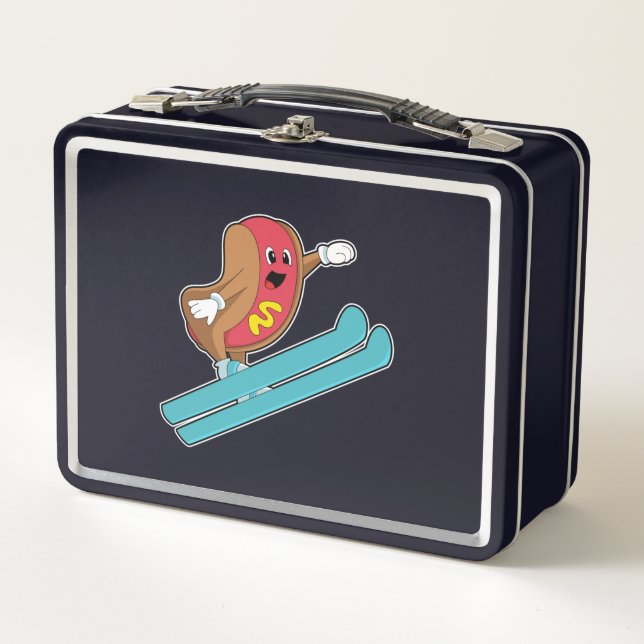 Hotdog als Ski-Jumper mit Ski.PNG Metall Brotdose (Vorderseite)