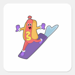 Hotdog als Snowboarder mit Sonowboard Quadratischer Aufkleber