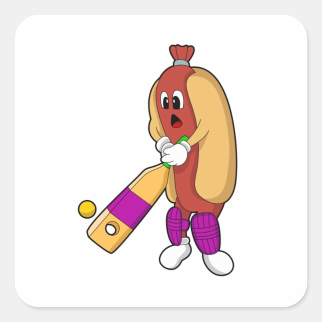 Hotdog bei Cricket mit Cricket-Schläger Quadratischer Aufkleber (Vorderseite)