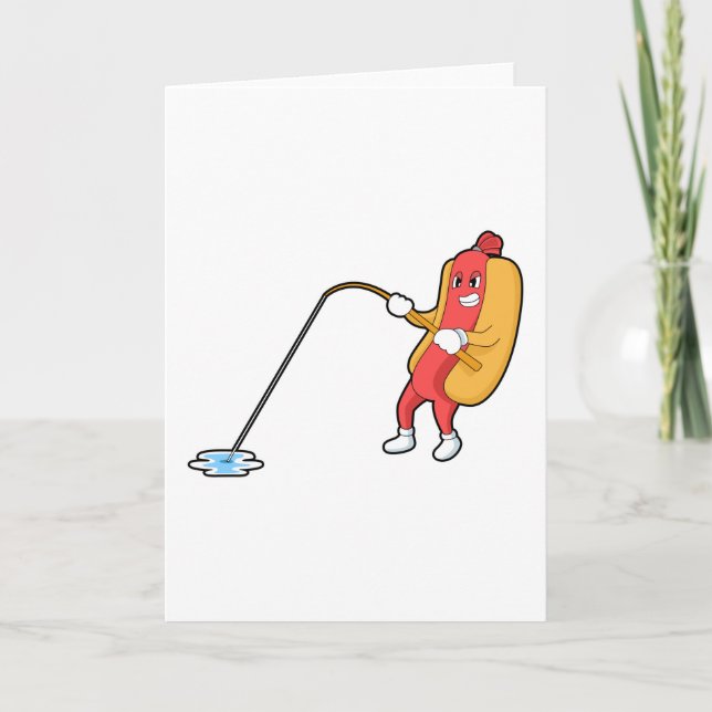 Hotdog beim Angeln mit Angelgestänge Karte (Vorderseite)