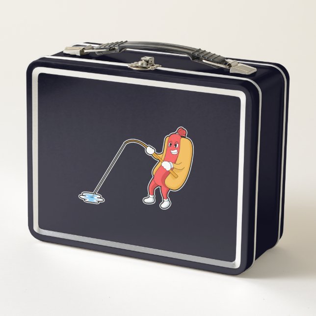 Hotdog beim Angeln mit Angelgestänge Metall Brotdose (Vorderseite)