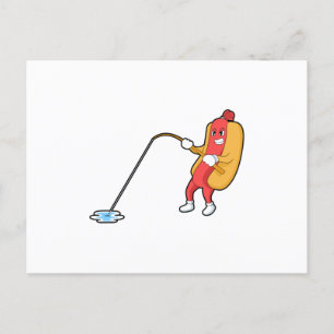 Hotdog beim Angeln mit Angelrute Postkarte